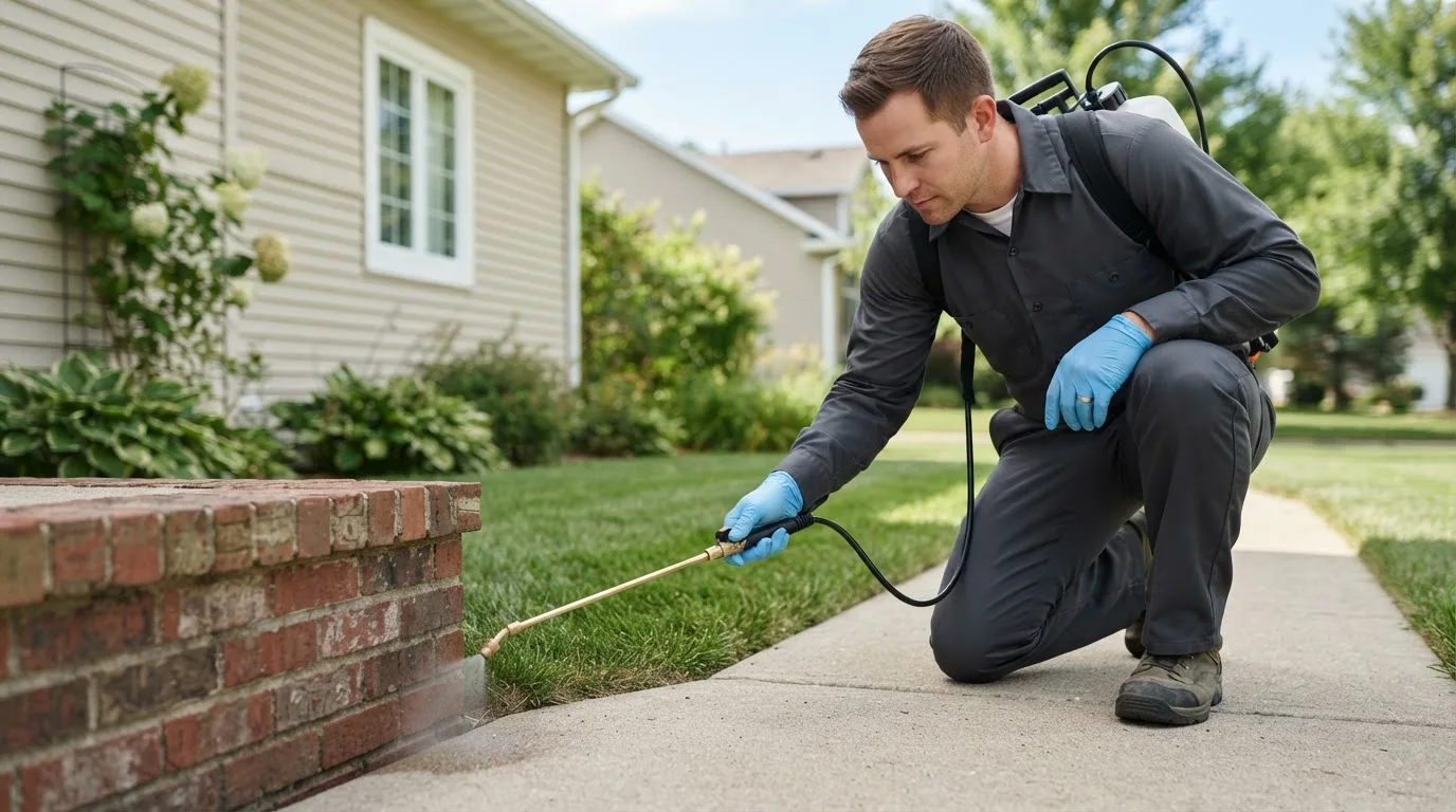 Pest control technician treating a home near Bourneville, OH