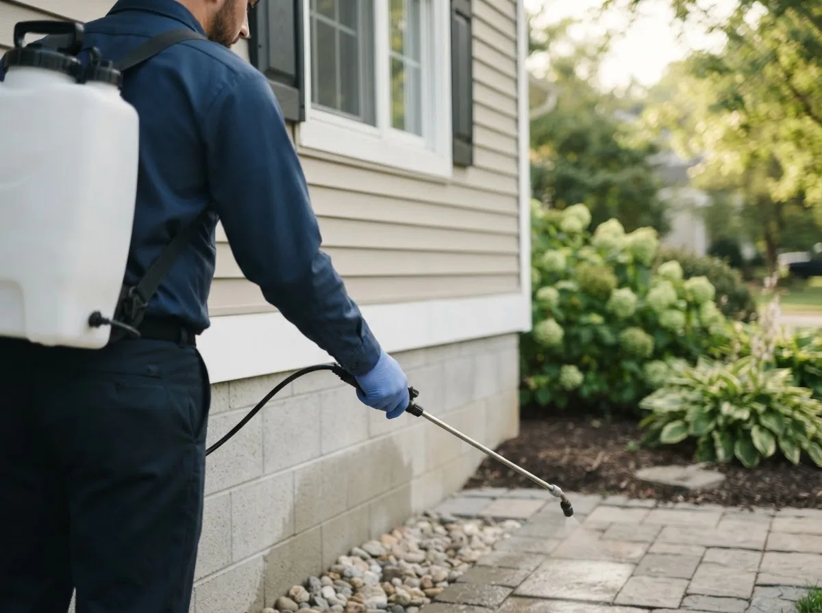 Pest control technician inspecting a home in Bourneville, OH